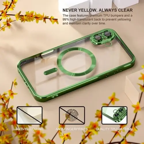Misea Magnetic for iPhone 17 Case Compatible with MagSafe Green | [Never Yellowing] [Military Drop Protection] Full Camera Lens Protector Plating Soft Clear Phone Case for Women, Green - 3