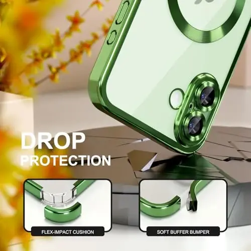 Misea Magnetic for iPhone 17 Case Compatible with MagSafe Green | [Never Yellowing] [Military Drop Protection] Full Camera Lens Protector Plating Soft Clear Phone Case for Women, Green - 4