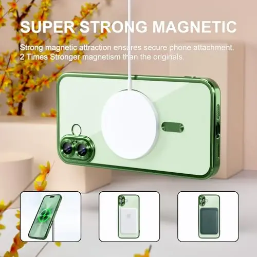Misea Magnetic for iPhone 17 Case Compatible with MagSafe Green | [Never Yellowing] [Military Drop Protection] Full Camera Lens Protector Plating Soft Clear Phone Case for Women, Green - 5