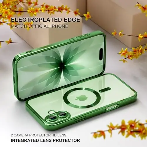 Misea Magnetic for iPhone 17 Case Compatible with MagSafe Green | [Never Yellowing] [Military Drop Protection] Full Camera Lens Protector Plating Soft Clear Phone Case for Women, Green - 6