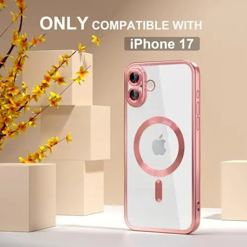 Misea Magnetic for iPhone 17 Case Compatible with MagSafe Pink | [Never Yellowing] [Military Drop Protection] Full Camera Lens Protector Plating Soft Clear Phone Case for Women, Pink - 2
