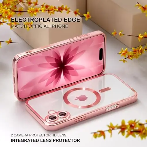 Misea Magnetic for iPhone 17 Case Compatible with MagSafe Pink | [Never Yellowing] [Military Drop Protection] Full Camera Lens Protector Plating Soft Clear Phone Case for Women, Pink - 6
