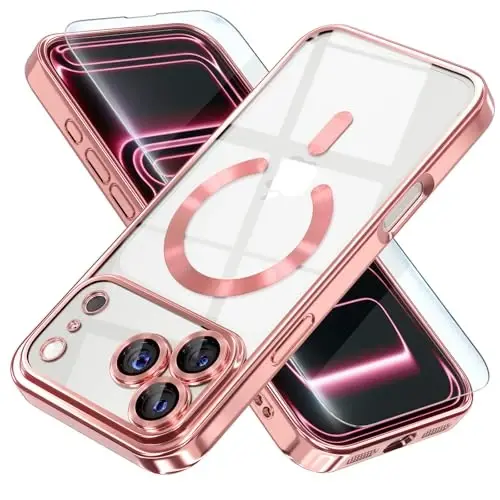 Misea Magnetic for iPhone 17 Pro Case Compatible with MagSafe Pink | [Never Yellowing] [Military Drop Protection] Full Camera Lens Protector Plating Soft Clear Phone Case for Women, Pink 