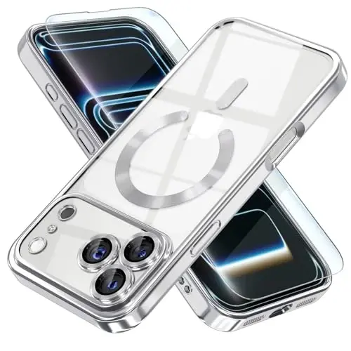Misea Magnetic for iPhone 17 Pro Case Compatible with MagSafe Silver | [Never Yellowing] [Military Drop Protection] Full Camera Lens Protector Plating Soft Clear Phone Case for Women, Silver - 1
