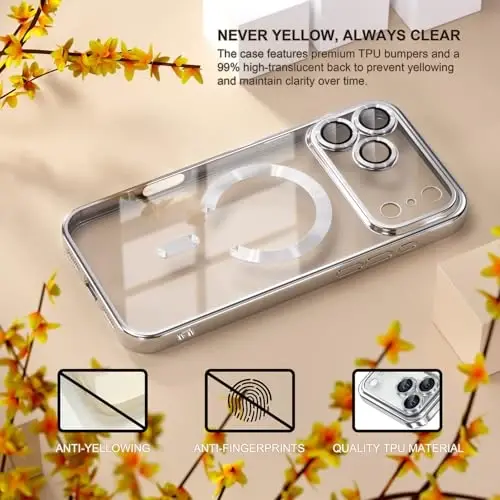 Misea Magnetic for iPhone 17 Pro Case Compatible with MagSafe Silver | [Never Yellowing] [Military Drop Protection] Full Camera Lens Protector Plating Soft Clear Phone Case for Women, Silver - 3