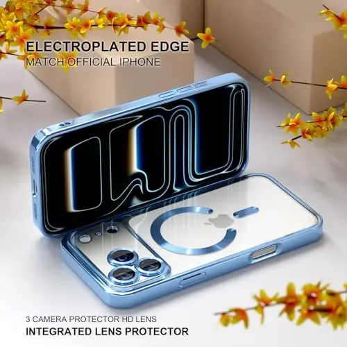 Misea Magnetic for iPhone 17 Pro Max Case Compatible MagSafe Light Blue | [Never Yellowing] [Military Drop Protection] Full Camera Lens Protector Plating Soft Clear Phone Case for Women, Sky Blue - 6