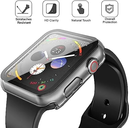 Misxi 2 dona qattiq PC korpusi bilan Temperlangan shisha ekran himoyachisi Apple Watch 4-seriyali 5-seriyali 6-seriyali SE 44mm bilan mos keladi, chizishga chidamli umumiy himoya qopqog'i iWatch uchun, Shaffof 
