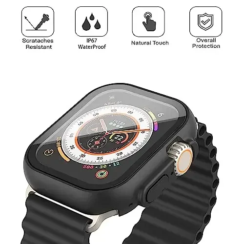 Misxi [2 Pack] 49 mm Apple Watch Ultra 2 / Ultra uchun moʻljallangan tugmachali suv oʻtkazmaydigan gʻilof, iWatch uchun temperli shisha ekran himoyachisi bilan tushishga qarshi himoya qattiq kompyuter qopqogʻi, mat qora - 2