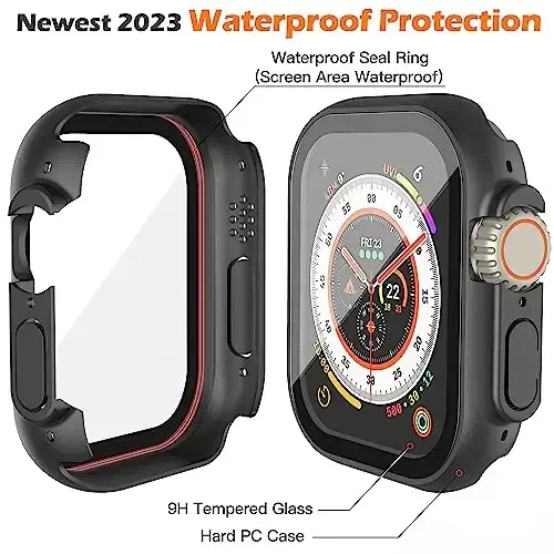 Misxi [2 Pack] 49 mm Apple Watch Ultra 2 / Ultra uchun moʻljallangan tugmachali suv oʻtkazmaydigan gʻilof, iWatch uchun temperli shisha ekran himoyachisi bilan tushishga qarshi himoya qattiq kompyuter qopqogʻi, mat qora - 4