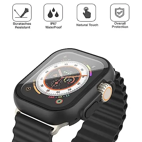 Misxi [2 Pack] 49 mm Apple Watch Ultra 2 / Ultra uchun moʻljallangan tugmachali suv oʻtkazmaydigan gʻilof, iWatch uchun temperli shisha ekran himoyachisi bilan tushishga qarshi himoya qattiq kompyuter qopqogʻi, mat qora - 2