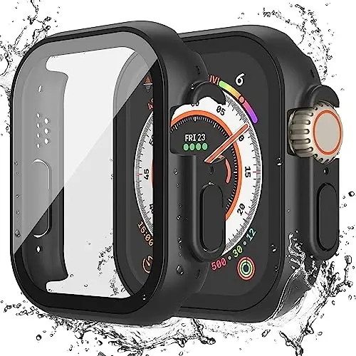 Misxi [2 Pack] 49 mm Apple Watch Ultra 2 / Ultra uchun moʻljallangan tugmachali suv oʻtkazmaydigan gʻilof, iWatch uchun temperli shisha ekran himoyachisi bilan tushishga qarshi himoya qattiq kompyuter qopqogʻi, mat qora - MISXI