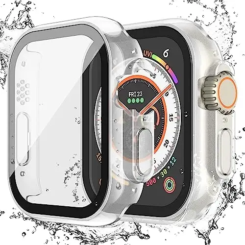 Misxi [2 Pack] 49 mm Apple Watch Ultra 3 (2025) / Ultra 2 / Ultra uchun mo'ljallangan tugmachali suv o'tkazmaydigan g'ilof, iWatch uchun temperlangan shisha ekran himoyachisi bilan himoya kompyuter qopqog'i, mat shaffof - MISXI