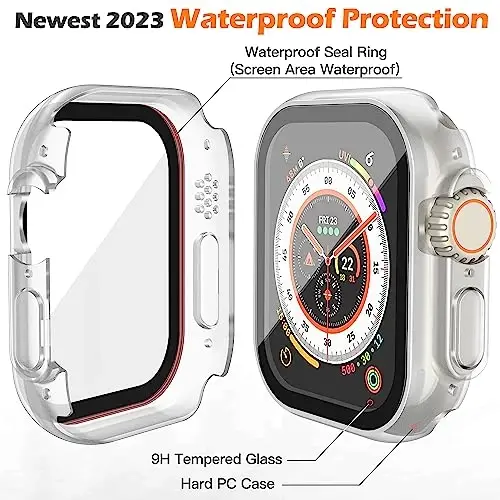 Misxi [2 Pack] 49 mm Apple Watch Ultra 3 (2025) / Ultra 2 / Ultra uchun mo'ljallangan tugmachali suv o'tkazmaydigan g'ilof, iWatch uchun temperlangan shisha ekran himoyachisi bilan himoya kompyuter qopqog'i, mat shaffof - 4