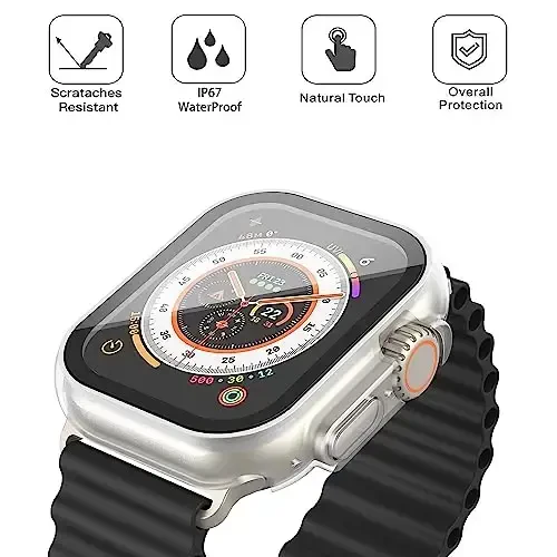 Misxi [2 Pack] 49 mm Apple Watch Ultra 3 (2025) / Ultra 2 / Ultra uchun tugmachali suv o‘tkazmaydigan g‘ilof, iWatch uchun закалённое oynali ekran himoyachisi bilan qattiq kompyuter qopqog‘i, 1 qora + 1 shaffof - 3