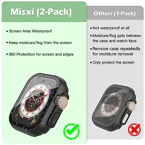 Misxi [2 Pack] 49 mm Apple Watch Ultra 3 (2025) / Ultra 2 / Ultra uchun tugmachali suv o‘tkazmaydigan g‘ilof, iWatch uchun закалённое oynali ekran himoyachisi bilan qattiq kompyuter qopqog‘i, 1 qora + 1 shaffof - 4