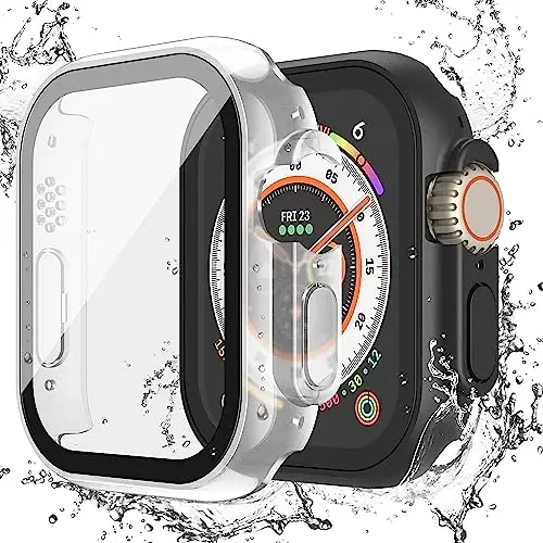 Misxi [2 Pack] 49 mm Apple Watch Ultra 3 (2025) / Ultra 2 / Ultra uchun tugmachali suv o‘tkazmaydigan g‘ilof, iWatch uchun закалённое oynali ekran himoyachisi bilan qattiq kompyuter qopqog‘i, 1 qora + 1 shaffof - 1