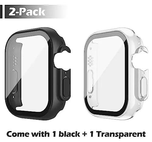 Misxi [2 Pack] 49 mm Apple Watch Ultra 3 (2025) / Ultra 2 / Ultra uchun tugmachali suv o‘tkazmaydigan g‘ilof, iWatch uchun закалённое oynali ekran himoyachisi bilan qattiq kompyuter qopqog‘i, 1 qora + 1 shaffof - 2