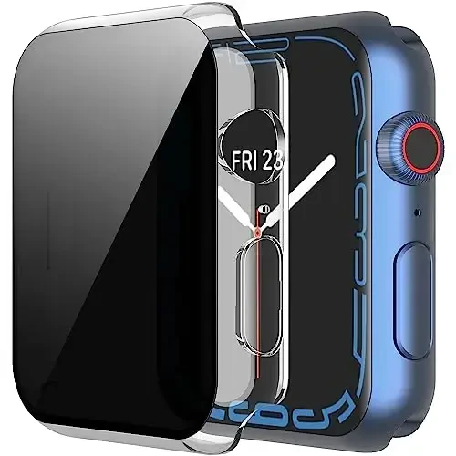 Misxi 2 Pack All-around Privacy PC HD Case with Button for Apple Watch Series 9 (2023) Series 8 Series 7 45mm, Shockproof Cover with Anti-Spy Tempered Glass Screen Protector for iWatch, Transparent - 1
