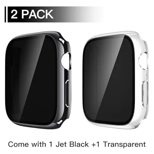 Misxi 2 Pack All-around Protective Privacy PC HD Case for Apple Watch Series 11 (2025) Series 10 46mm, Shockproof Ultra-Thin Cover with Anti-Spy Tempered Glass Screen Protector for iWatch, 1 Jet Black + 1 Transparent - 2