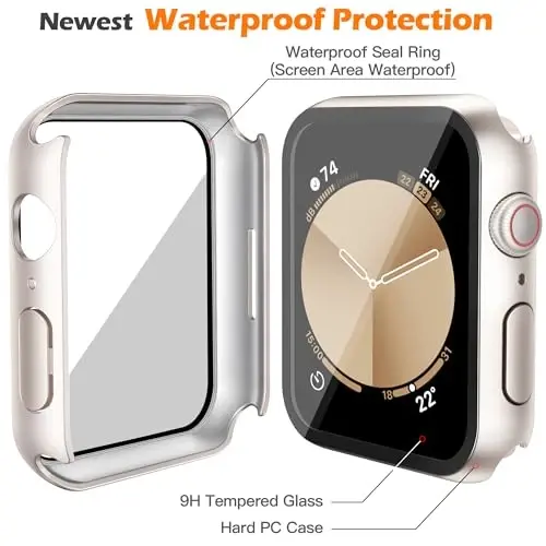 Misxi [2 Pack] Apple Watch SE 3 (2025) SE 2 SE Series 6 Series 5 Series 4 40mm uchun tugmali suv o‘tkazmaydigan g‘ilof, iWatch uchun temperlangan shisha ekran himoyachisi bilan PC qopqog‘i, 1 Starlight + 1 shaffof - 4