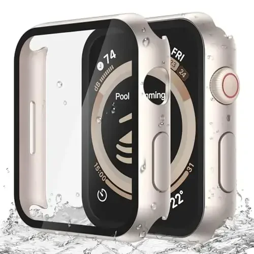 Misxi [2 Pack] Apple Watch SE 3 (2025) SE 2 SE Series 6 Series 5 Series 4 44mm uchun tugmachali suv o'tkazmaydigan tirnalishga qarshi g'ilof, iWatch uchun temperli shisha ekran himoyachisi bilan qattiq kompyuter qopqog'i, Starlight 