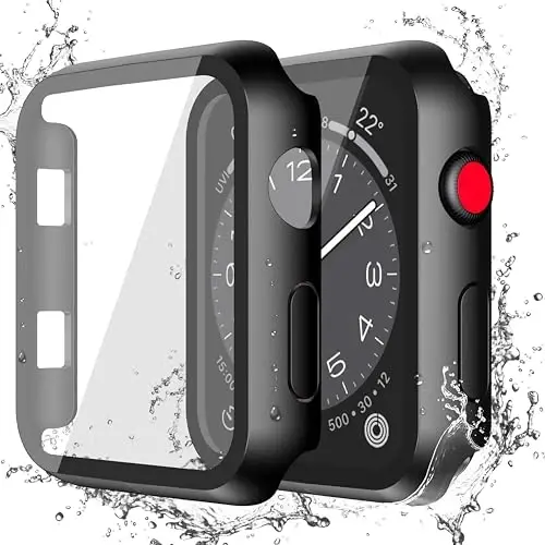 Misxi [2 Pack] Apple Watch Series 3 Series 2 38mm uchun mo'ljallangan tugmachali suv o'tkazmaydigan g'ilof, iWatch S3/S2 uchun temperli shisha ekran himoyachisi bilan yiqilishga qarshi qattiq kompyuter qopqog'i, mat qora 