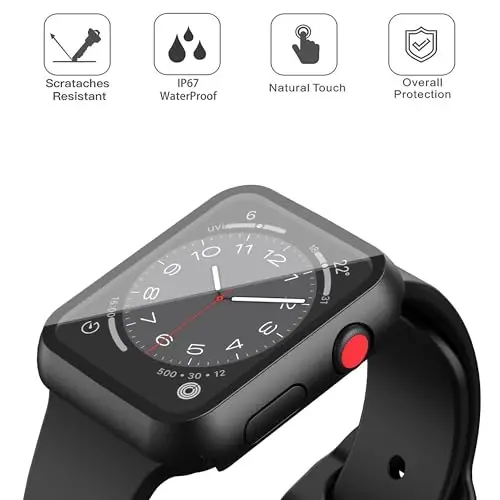 Misxi [2 Pack] Apple Watch Series 3 Series 2 38mm uchun mo'ljallangan tugmachali suv o'tkazmaydigan g'ilof, iWatch S3/S2 uchun temperli shisha ekran himoyachisi bilan yiqilishga qarshi qattiq kompyuter qopqog'i, mat qora - 3