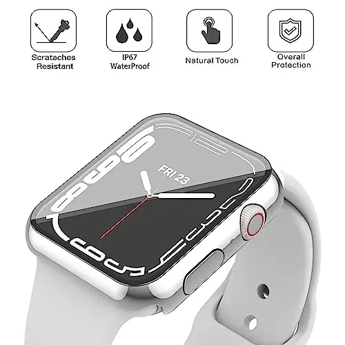 Misxi [2 Pack] Apple Watch Series 9 (2023) Series 8 Series 7 41mm uchun tugmachali suv o'tkazmaydigan tirnalishga qarshi g'ilof, iWatch uchun temperli shisha ekran himoyachisi bilan qattiq kompyuter qopqog'i, 1 kumush + 1 shaffof - 4