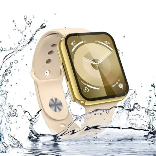 Misxi [2 Pack] Apple Watch Series 9 Series 8 Series 7 41mm bilan mos keladigan suv o'tkazmaydigan qattiq g'ilof, iWatch ekran himoyachisi uchun ultra yupqa qopqoq, 1 oltin + 1 shaffof закаленное стекло bilan - 6