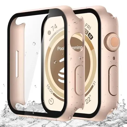 Misxi [2 Pack] Apple Watch Series 9 Series 8 Series 7 45mm bilan mos keladigan temperli shisha bilan suv o'tkazmaydigan qattiq quti, iWatch ekran himoyachisi uchun o'ta yupqa qopqoq, 1 ta oltin gul + 1 ta shaffof - MISXI