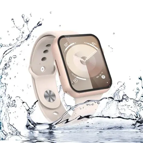 Misxi [2 Pack] Apple Watch Series 9 Series 8 Series 7 45mm bilan mos keladigan temperli shisha bilan suv o'tkazmaydigan qattiq quti, iWatch ekran himoyachisi uchun o'ta yupqa qopqoq, 1 ta oltin gul + 1 ta shaffof 