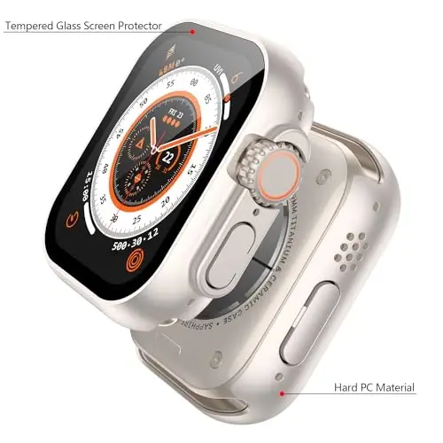 Misxi 2 Pack Hard PC Case Built in Tempered Glass Compatible with 49mm Apple Watch Ultra 3 (2025) / Ultra 2 / Ultra, Thin Protective Case with Screen Protector for iWatch, Cover with Button, 2 Starlight - 4