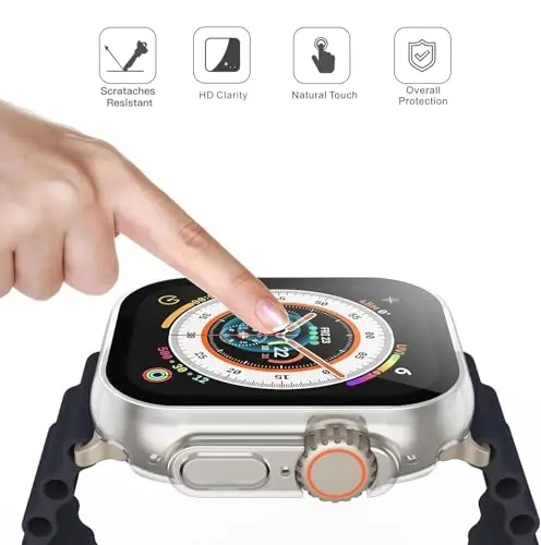 Misxi 2 Pack Hard PC Case Ichida temperlangan shisha 49 mm Apple Watch Ultra 3 (2025) / Ultra 2 / Ultra bilan mos keladi, iWatch uchun ekran himoyachisi bilan ingichka himoya qutisi, tugmachali qopqoq, shaffof - 1