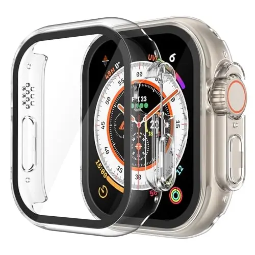 Misxi 2 Pack Hard PC Case Ichida temperlangan shisha 49 mm Apple Watch Ultra 3 (2025) / Ultra 2 / Ultra bilan mos keladi, iWatch uchun ekran himoyachisi bilan ingichka himoya qutisi, tugmachali qopqoq, shaffof - 5