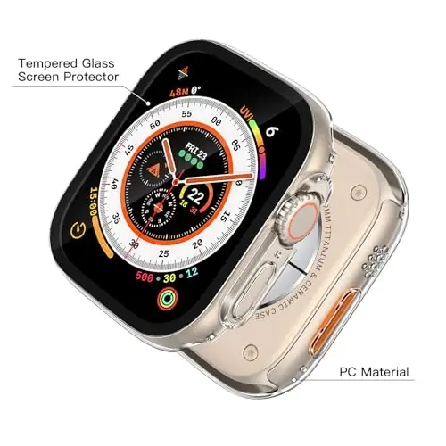 Misxi 2 Pack Hard PC Case Ichida temperlangan shisha 49 mm Apple Watch Ultra 3 (2025) / Ultra 2 / Ultra bilan mos keladi, iWatch uchun ekran himoyachisi bilan ingichka himoya qutisi, tugmachali qopqoq, shaffof - 3