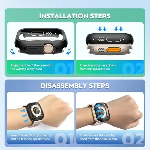 Misxi 2 Pack Hard PC Case Ichida temperlangan shisha 49 mm Apple Watch Ultra 3 (2025) / Ultra 2 / Ultra bilan mos keladi, iWatch uchun ekran himoyachisi bilan ingichka himoya qutisi, tugmachali qopqoq, shaffof - 2