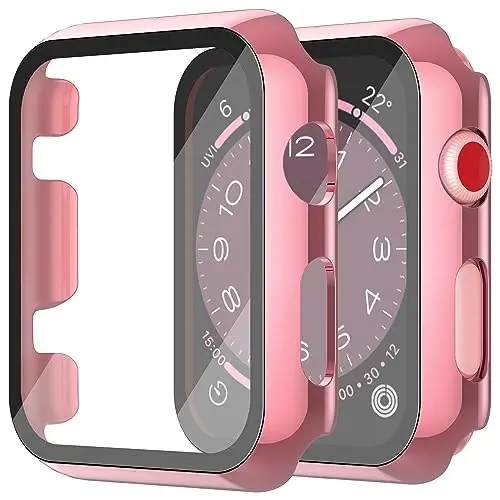 Misxi 2 Pack Hard PC Case with Tempered Glass Screen Protector Apple Watch Series 2 Series 3 42mm bilan mos, Anti-Drop Chizishga chidamli yengil qopqoq iWatch uchun, 1 ta Pushti + 1 ta Shaffof 