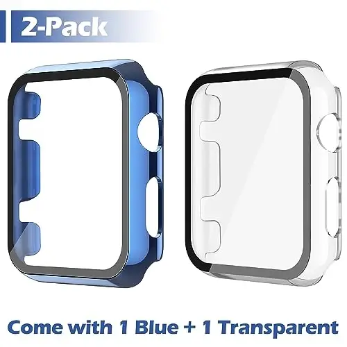 Misxi 2 Pack Hard PC Case with Tempered Glass Screen Protector Apple Watch Series 2 Series 3 42mm bilan mos, iWatch uchun tushishga qarshi chidamli yengil qopqoq, 1 ko'k + 1 shaffof - 2