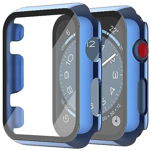 Misxi 2 Pack Hard PC Case with Tempered Glass Screen Protector Apple Watch Series 2 Series 3 42mm bilan mos, iWatch uchun tushishga qarshi chidamli yengil qopqoq, 1 ko'k + 1 shaffof - 1