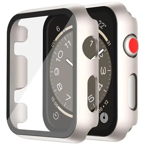Misxi 2 Pack Hard PC Case with Tempered Glass Screen Protector Apple Watch Series 3 Series 2 38mm bilan mos, iWatch uchun tushishga qarshi tirnalishga chidamli yengil qopqoq, 2 Starlight 