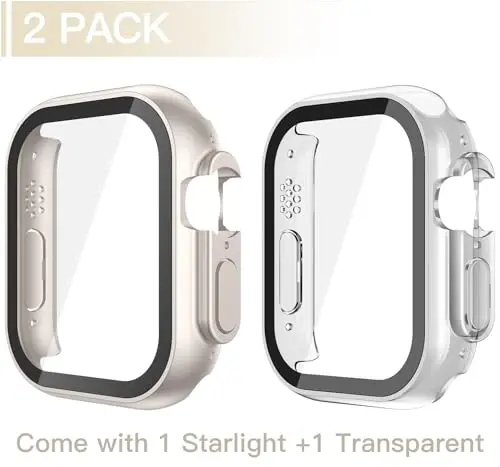 Misxi 2 Pack Hard PC Case with Tempered Glass Screen Protector Compatible with 49mm Apple Watch Ultra 2 (2024) / Ultra, Anti-Drop Scratch Resistant Lightweight Cover for iWatch, 1 Starlight + 1 Transparent - MISXI (1)