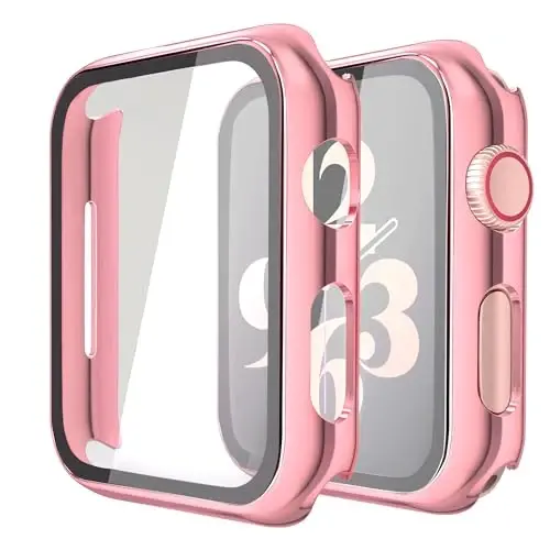 Misxi 2 Pack Hard PC Case with Tempered Glass Screen Protector Compatible with Apple Watch SE 3 (2025) SE 2 SE Series 6 Series 5 Series 4 40mm, 1 Rose Pink + 1 Transparent - 1