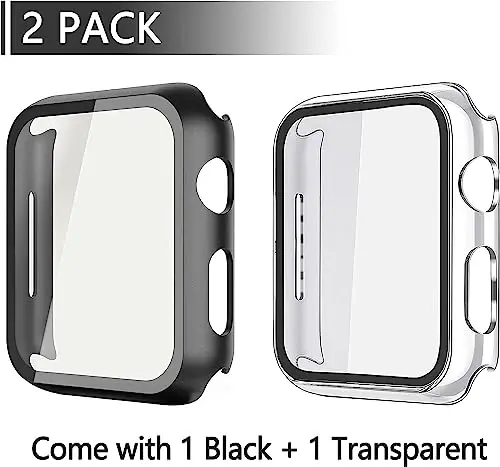 Misxi 2 Pack Hard PC Case with Tempered Glass Screen Protector Compatible with Apple Watch SE 3 (2025) SE 2 SE Series 6 Series 5 Series 4 44mm, Overall Shockproof Protective Cover for iWatch, 1 Black + 1 Transparent - 2