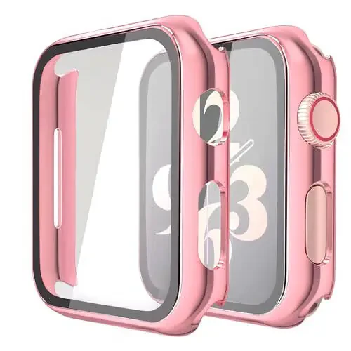 Misxi 2 Pack Hard PC Case with Tempered Glass Screen Protector Compatible with Apple Watch Series 6 SE Series 5 Series 4 44mm, 1 Rose Pink + 1 Transparent - 1