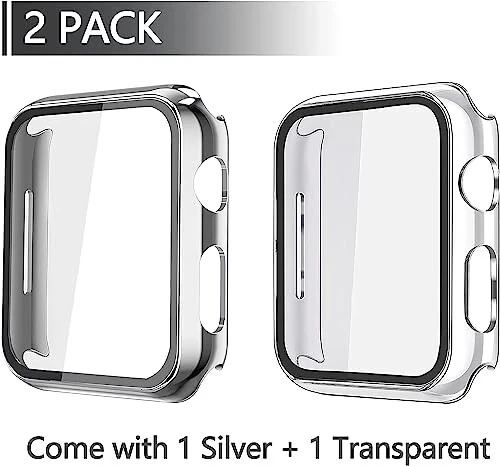 Misxi 2 Pack Hard PC Case with Tempered Glass Screen Protector Compatible with Apple Watch Series 6 SE Series 5 Series 4 44mm, 1 Silver + 1 Transparent - Misxi (1)