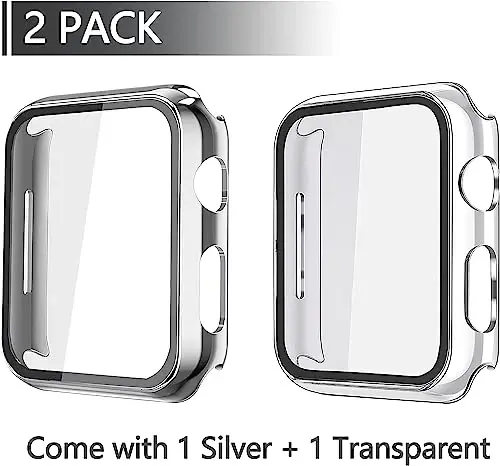 Misxi 2 Pack Hard PC Case with Tempered Glass Screen Protector Compatible with Apple Watch Series 6 SE Series 5 Series 4 44mm, 1 Silver + 1 Transparent - MISXI (1)