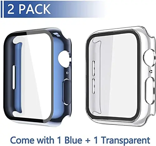 Misxi 2 Pack Hard PC Case with Tempered Glass Screen Protector Compatible with Apple Watch Series 9 (2023) Series 8 Series 7 45mm, Ultra-Thin Cover for iWatch S9/S8/S7, 1 Blue + 1 Transparent - 2