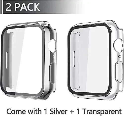 Misxi 2 Pack Hard PC Case with Tempered Glass Screen Protector Compatible with Apple Watch Series 9 (2023) Series 8 Series 7 45mm, Ultra-Thin Cover for iWatch S9/S8/S7, 1 Silver + 1 Transparent - 2