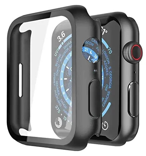 Misxi 2 Pack Hard PC Case with Tempered Glass Screen Protector Compatible with Apple Watch Series 9 (2023) Series 8 Series 7 45mm, Ultra-Thin Scratch Resistant Cover for iWatch S9/S8/S7, Black - 1