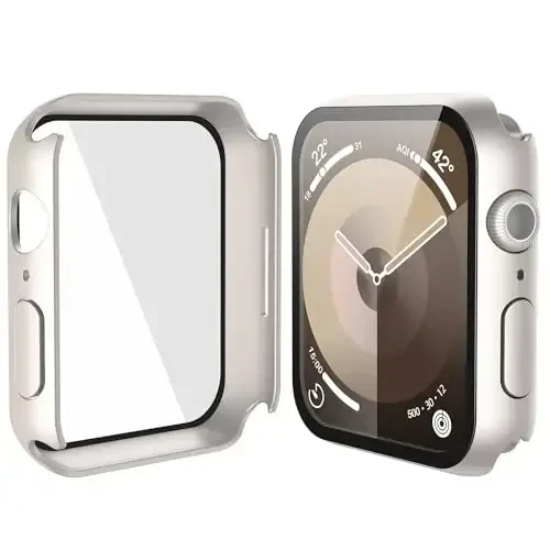 Misxi 2 Pack Hard PC Case with Tempered Glass Screen Protector Compatible with Apple Watch Series 9 Series 8 Series 7 45mm, Anti-Drop Scratch Resistant Lightweight Cover for iWatch, 2 Starlight - 5